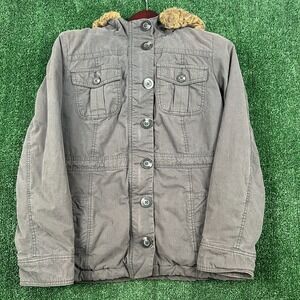 Vintage Old Navy Womens M Canvas Button Zip Coat Faux Fur Hoodie Jacket Gray Y2K